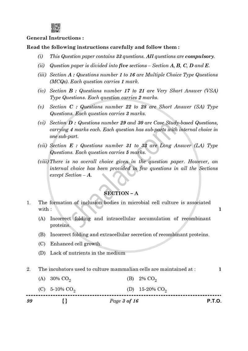 Biotechnology 2025-2026 - CBSE 12th - Class 12 - CBSE (Central Board of Secondary Education) question paper with PDF download