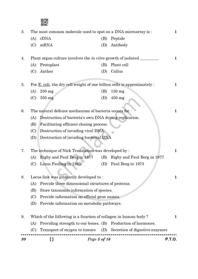 Biotechnology 2025-2026 - CBSE 12th - Class 12 - CBSE (Central Board of Secondary Education) question paper with PDF download