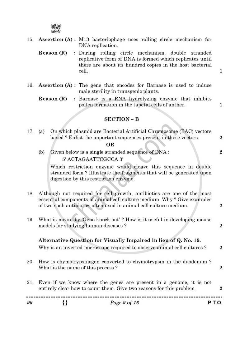 Biotechnology 2025-2026 - CBSE 12th - Class 12 - CBSE (Central Board of Secondary Education) question paper with PDF download