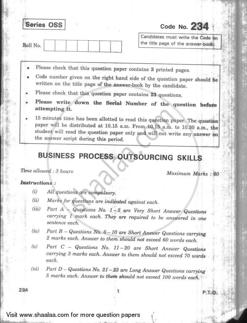 Business Process Outsourcing Skills 2009-2010 - CBSE 12th - Class 12 - CBSE (Central Board of Secondary Education) question paper with PDF download