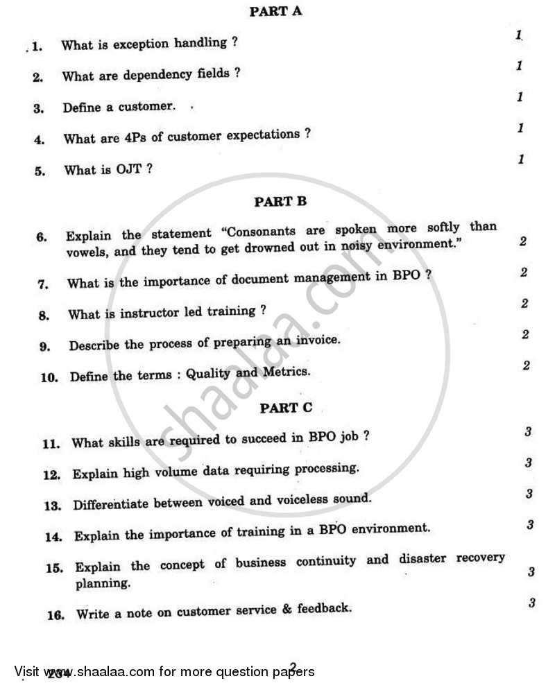 Business Process Outsourcing Skills 2010-2011 - CBSE 12th - Class 12 - CBSE (Central Board of Secondary Education) question paper with PDF download