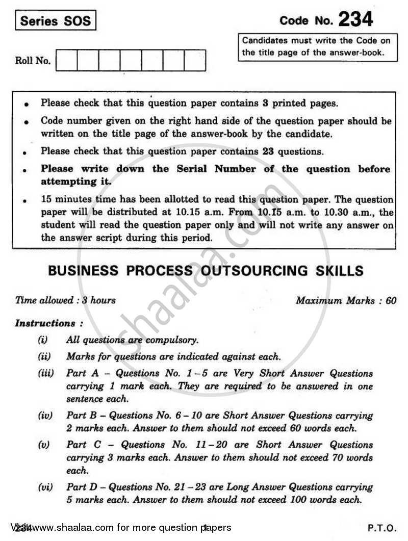 Business Process Outsourcing Skills 2010-2011 - CBSE 12th - Class 12 - CBSE (Central Board of Secondary Education) question paper with PDF download