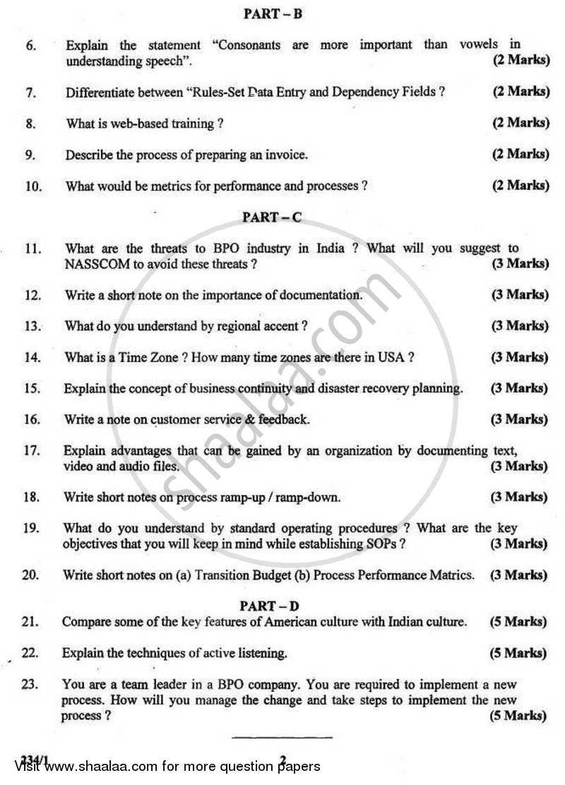 Business Process Outsourcing Skills 2010-2011 - CBSE 12th - Class 12 - CBSE (Central Board of Secondary Education) question paper with PDF download