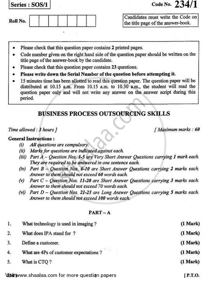 Business Process Outsourcing Skills 2010-2011 - CBSE 12th - Class 12 - CBSE (Central Board of Secondary Education) question paper with PDF download