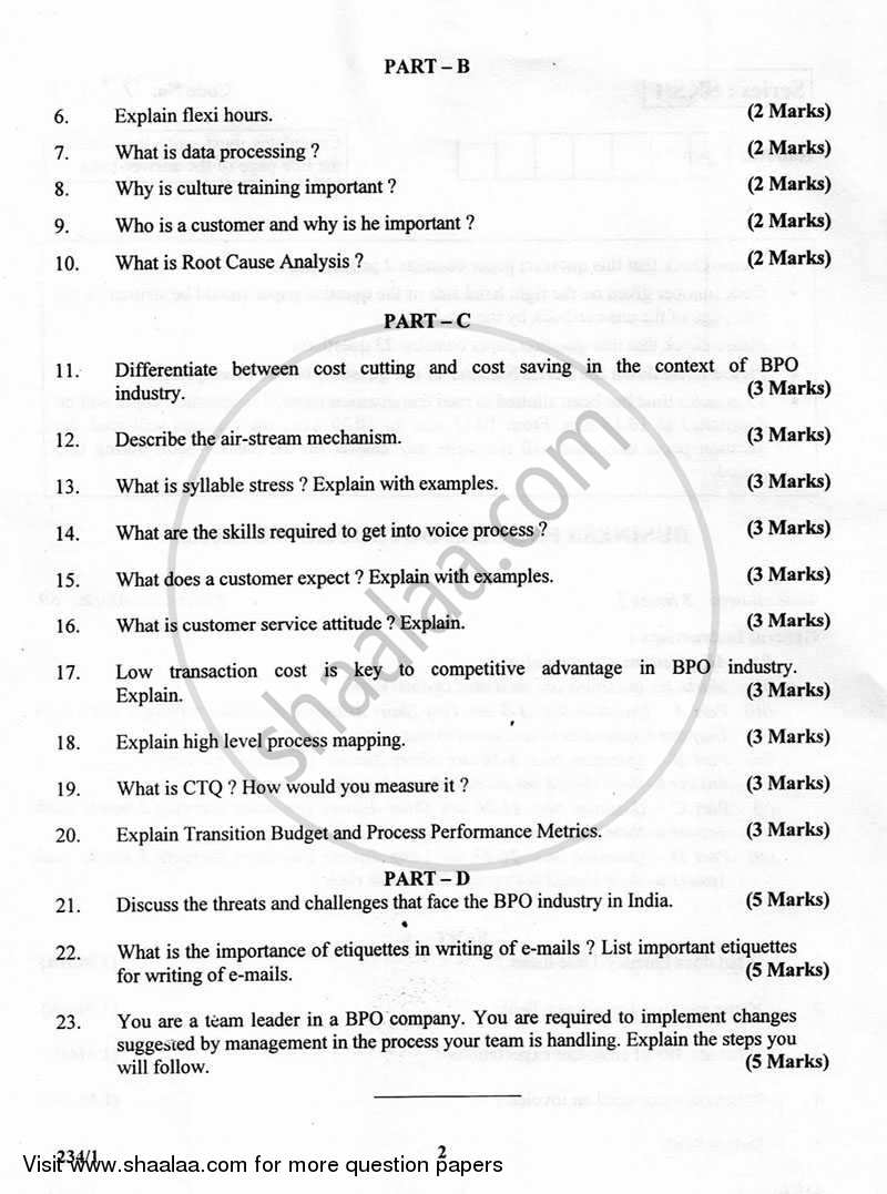 Business Process Outsourcing Skills 2012-2013 - CBSE 12th - Class 12 - CBSE (Central Board of Secondary Education) question paper with PDF download