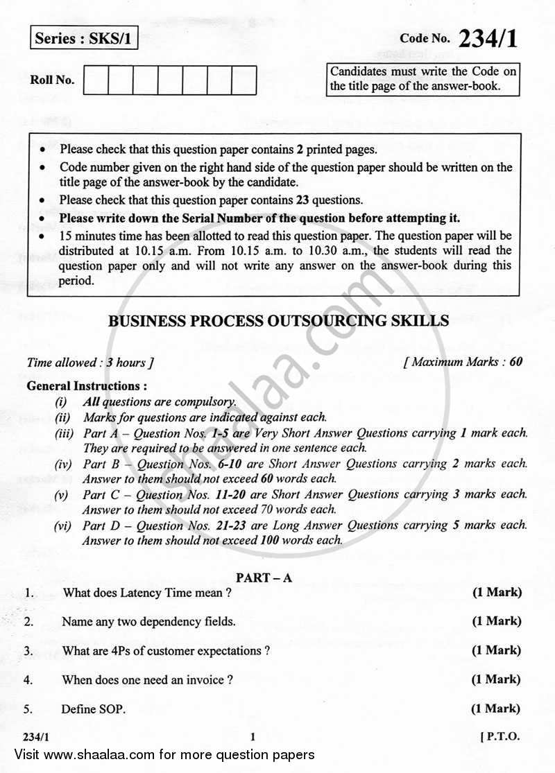 Business Process Outsourcing Skills 2012-2013 - CBSE 12th - Class 12 - CBSE (Central Board of Secondary Education) question paper with PDF download
