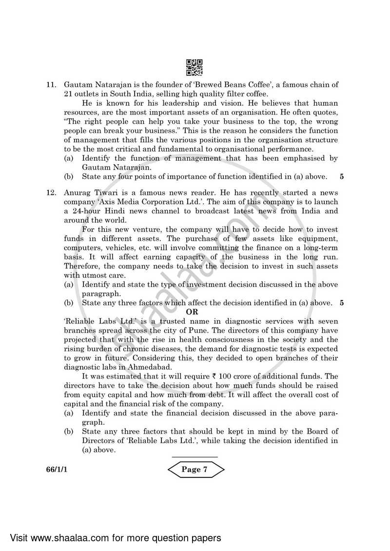 Business Studies 2021-2022 - CBSE 12th - Class 12 - CBSE (Central Board of Secondary Education) question paper with PDF download