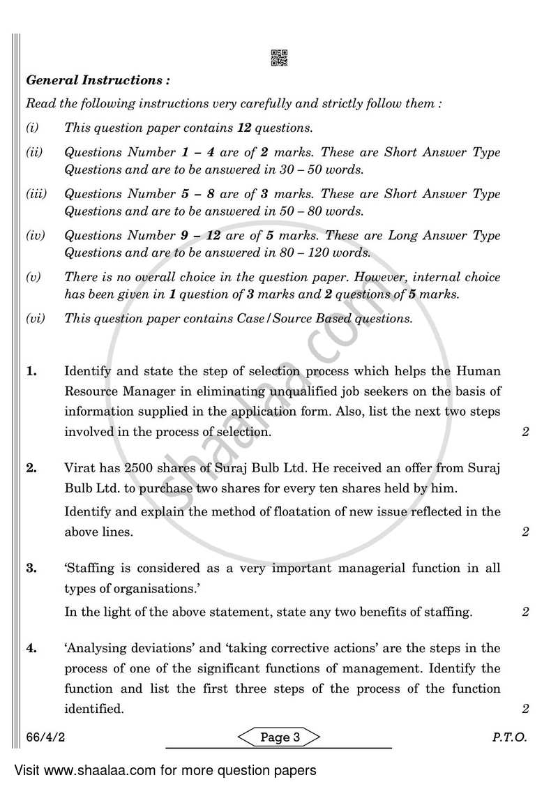 Business Studies 2021-2022 - CBSE 12th - Class 12 - CBSE (Central Board of Secondary Education) question paper with PDF download