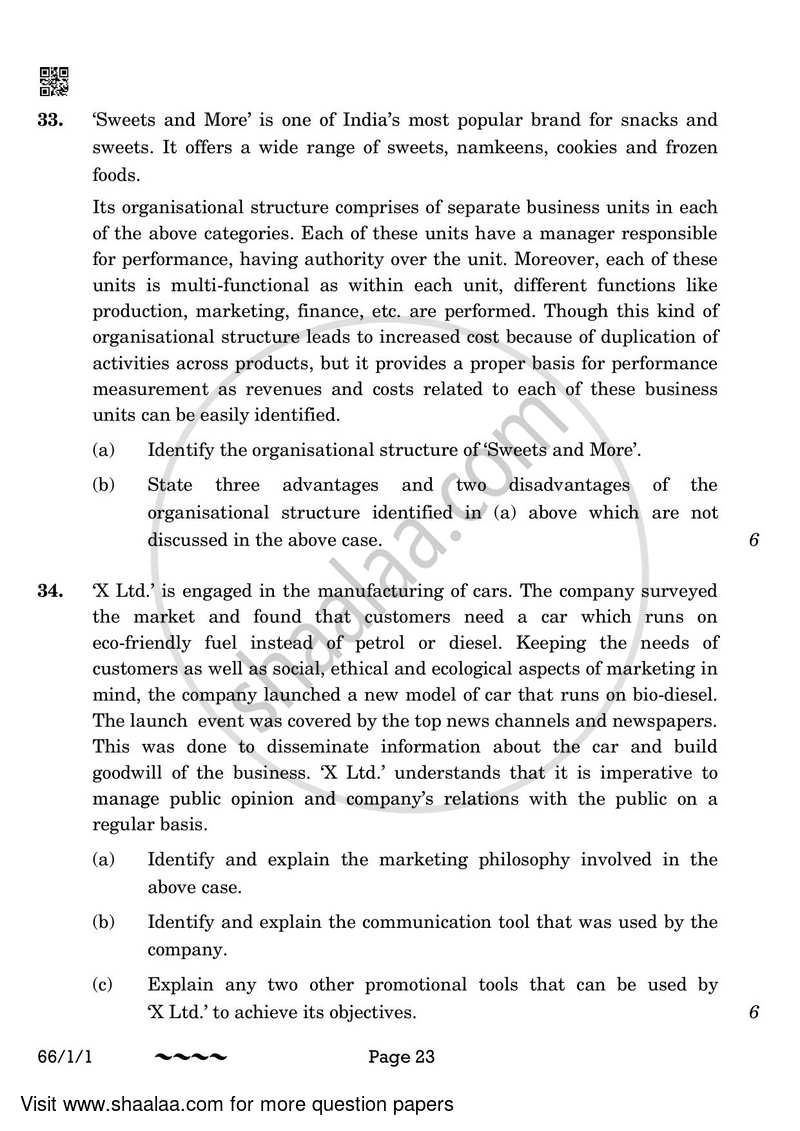 Business Studies 2022-2023 - CBSE 12th - Class 12 - CBSE (Central Board of Secondary Education) question paper with PDF download