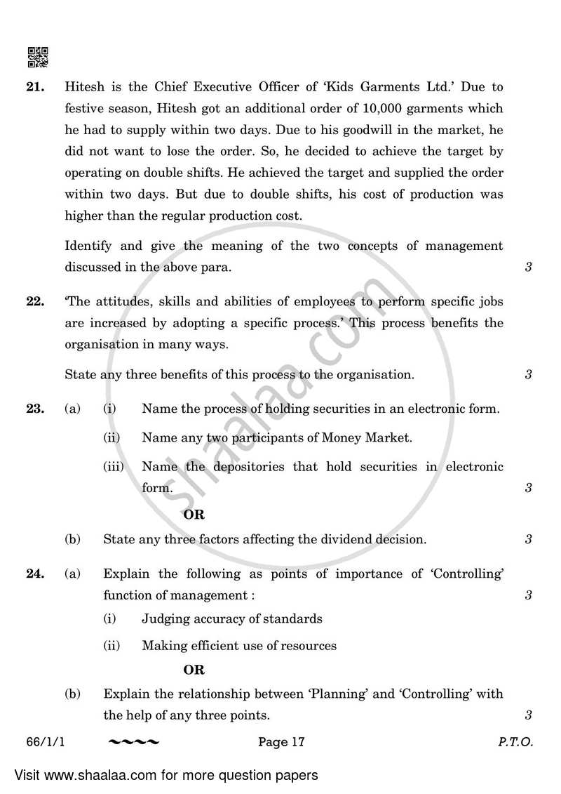 Business Studies 2022-2023 - CBSE 12th - Class 12 - CBSE (Central Board of Secondary Education) question paper with PDF download