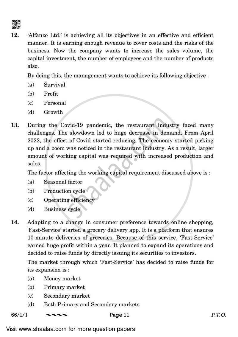 Business Studies 2022-2023 - CBSE 12th - Class 12 - CBSE (Central Board of Secondary Education) question paper with PDF download