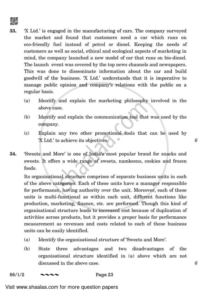 Business Studies 2022-2023 - CBSE 12th - Class 12 - CBSE (Central Board of Secondary Education) question paper with PDF download