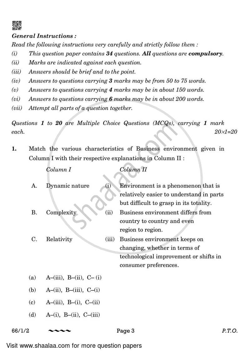 Business Studies 2022-2023 - CBSE 12th - Class 12 - CBSE (Central Board of Secondary Education) question paper with PDF download