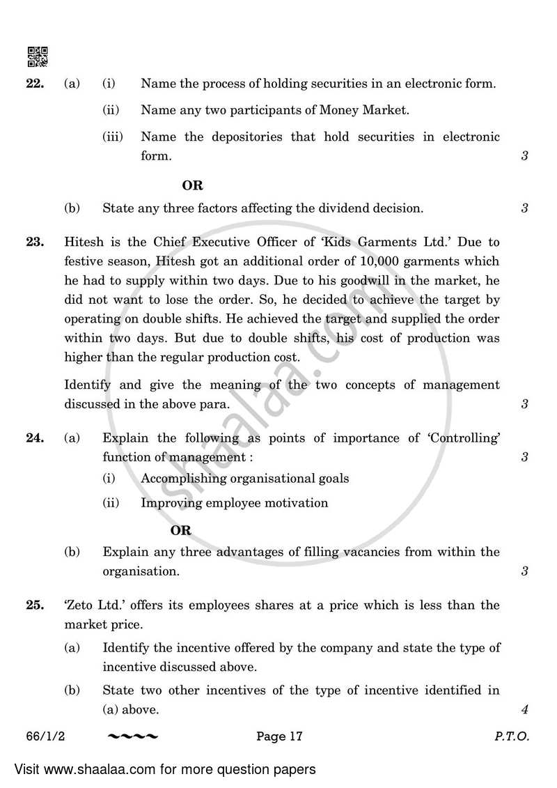 Business Studies 2022-2023 - CBSE 12th - Class 12 - CBSE (Central Board of Secondary Education) question paper with PDF download