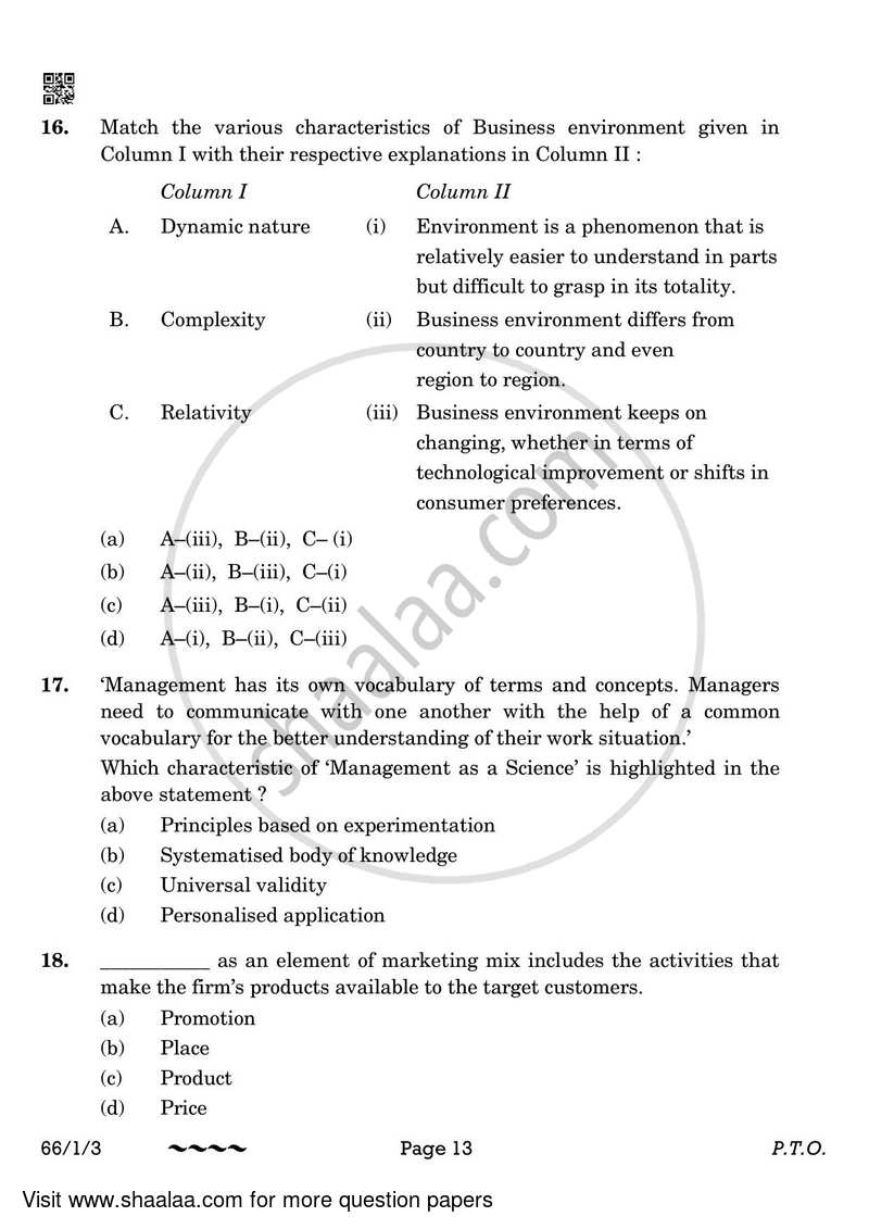 Business Studies 2022-2023 - CBSE 12th - Class 12 - CBSE (Central Board of Secondary Education) question paper with PDF download