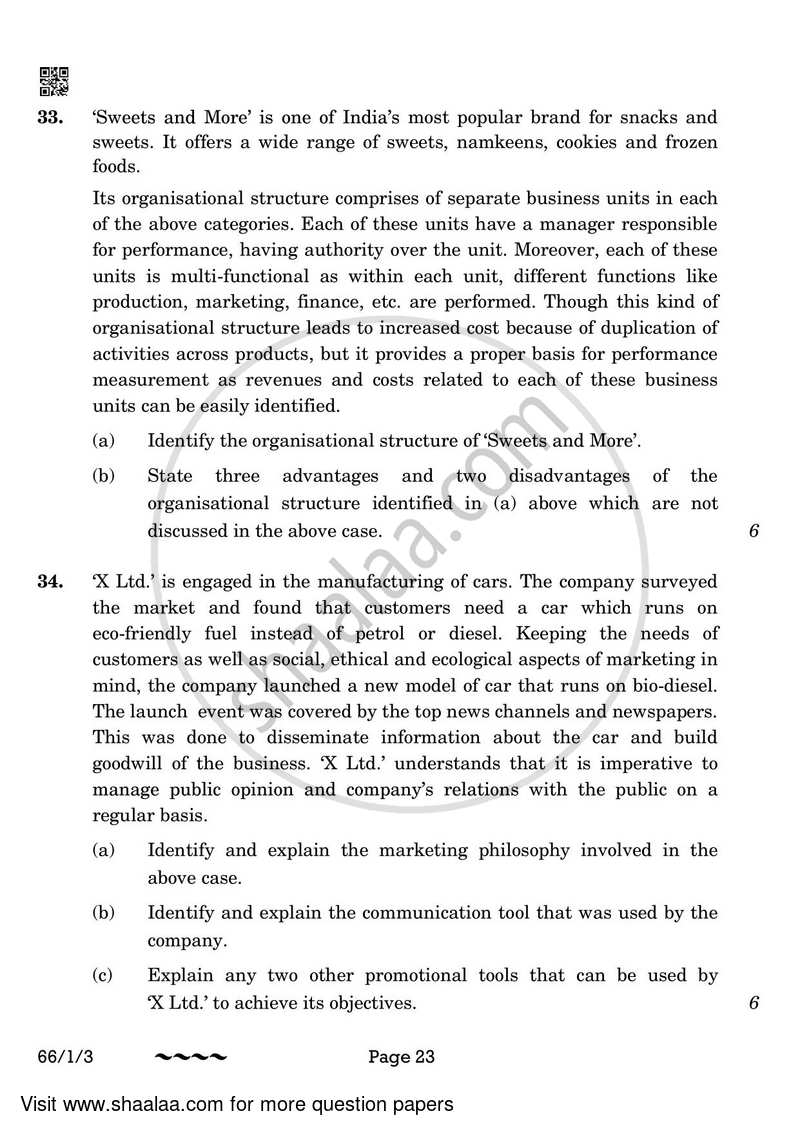 Business Studies 2022-2023 - CBSE 12th - Class 12 - CBSE (Central Board of Secondary Education) question paper with PDF download