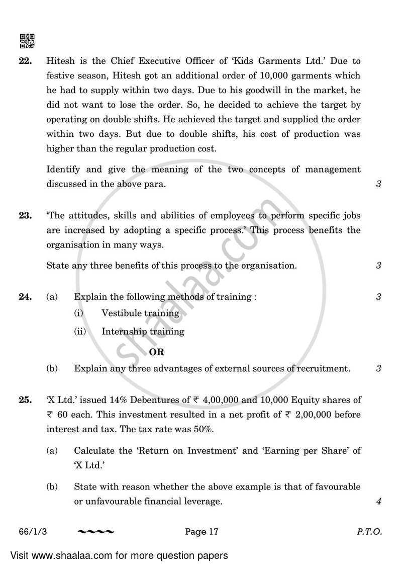Business Studies 2022-2023 - CBSE 12th - Class 12 - CBSE (Central Board of Secondary Education) question paper with PDF download