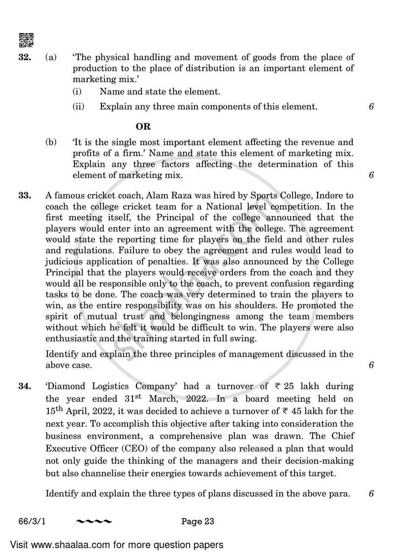 Business Studies 2022-2023 - CBSE 12th - Class 12 - CBSE (Central Board of Secondary Education) question paper with PDF download