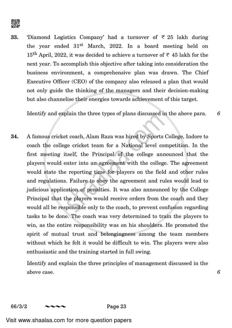 Business Studies 2022-2023 - CBSE 12th - Class 12 - CBSE (Central Board of Secondary Education) question paper with PDF download