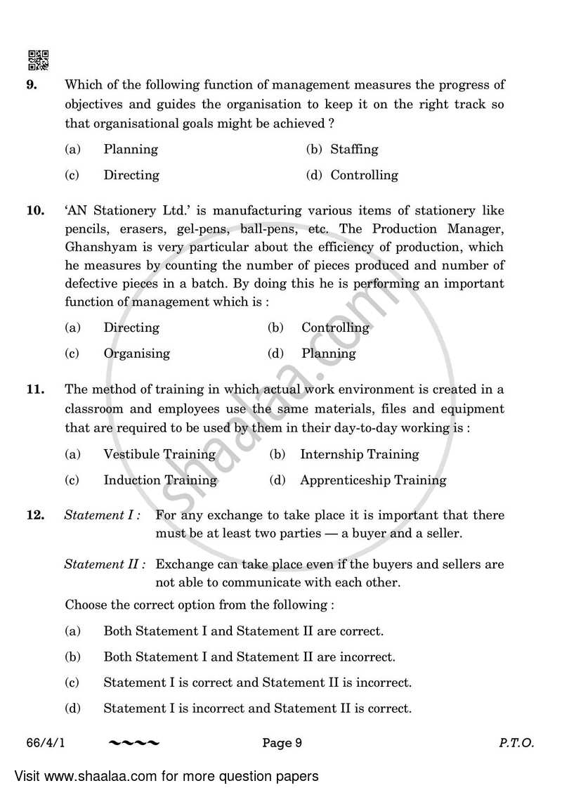 Business Studies 2022-2023 - CBSE 12th - Class 12 - CBSE (Central Board of Secondary Education) question paper with PDF download