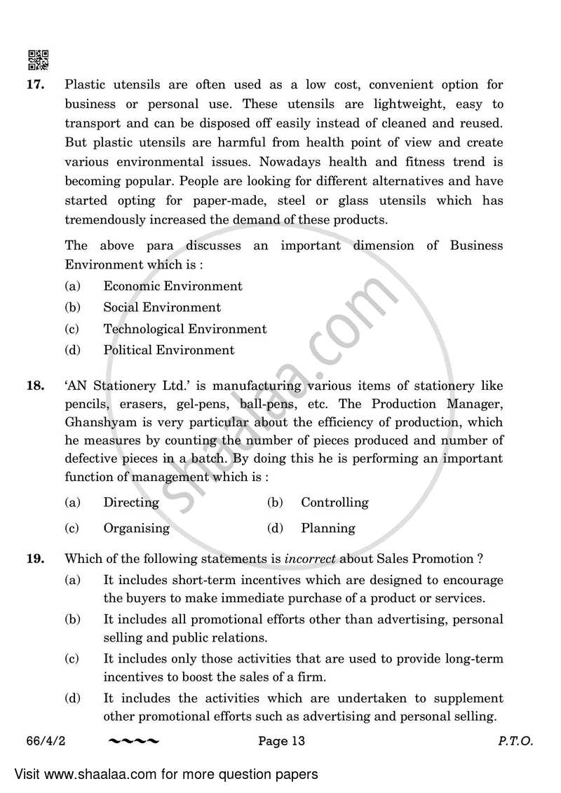 Business Studies 2022-2023 - CBSE 12th - Class 12 - CBSE (Central Board of Secondary Education) question paper with PDF download