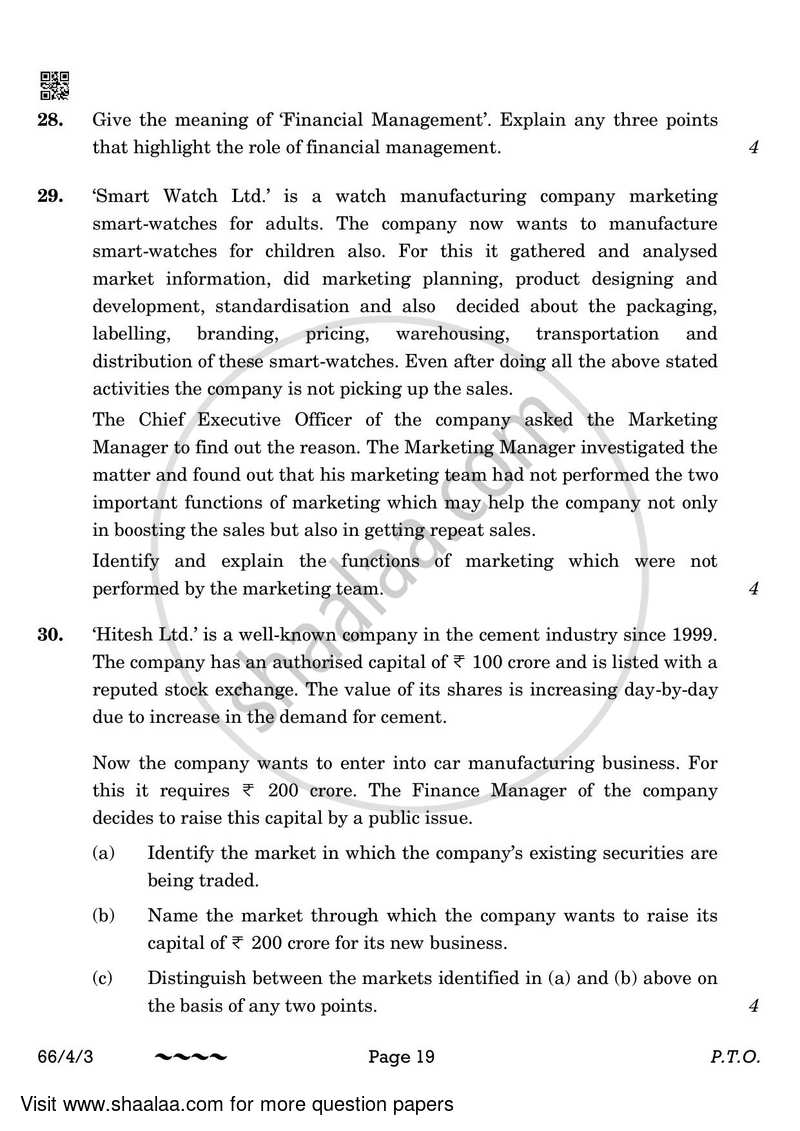 Business Studies 2022-2023 - CBSE 12th - Class 12 - CBSE (Central Board of Secondary Education) question paper with PDF download