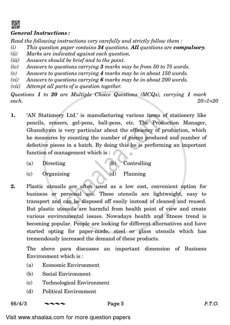 Business Studies 2022-2023 - CBSE 12th - Class 12 - CBSE (Central Board of Secondary Education) question paper with PDF download