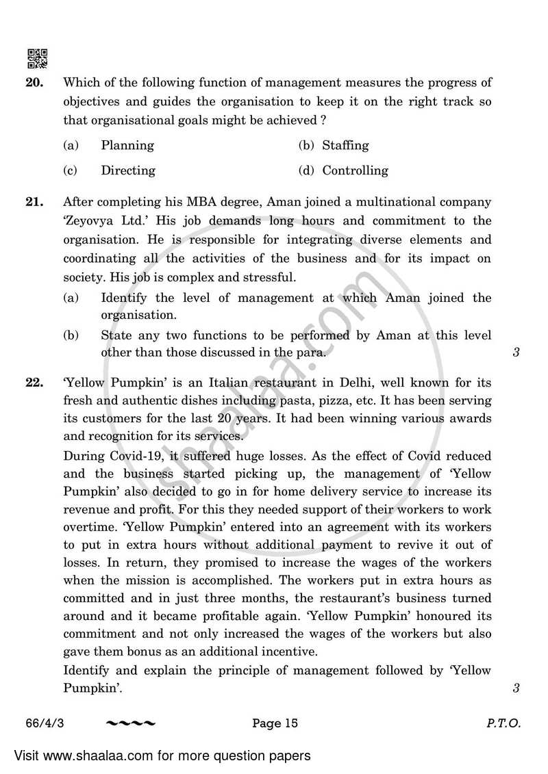 Business Studies 2022-2023 - CBSE 12th - Class 12 - CBSE (Central Board of Secondary Education) question paper with PDF download