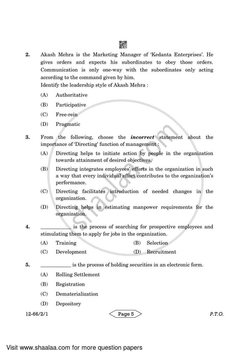 Business Studies 2023-2024 - CBSE 12th - Class 12 - CBSE (Central Board of Secondary Education) question paper with PDF download