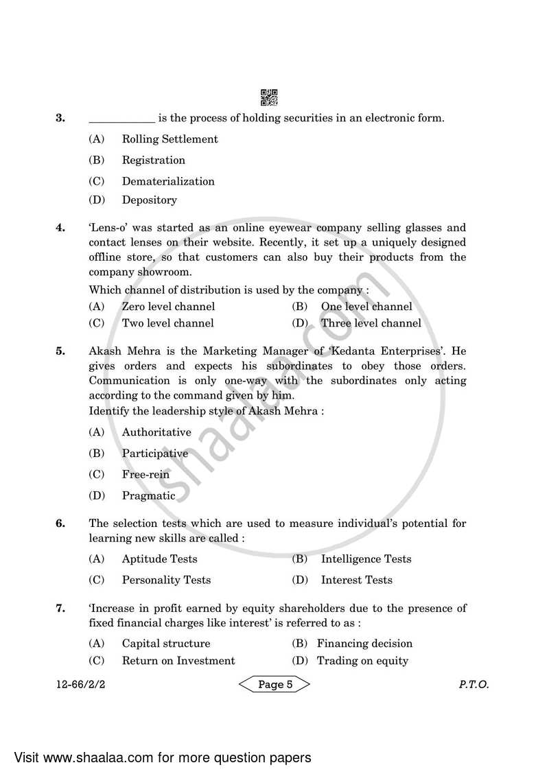 Business Studies 2023-2024 - CBSE 12th - Class 12 - CBSE (Central Board of Secondary Education) question paper with PDF download