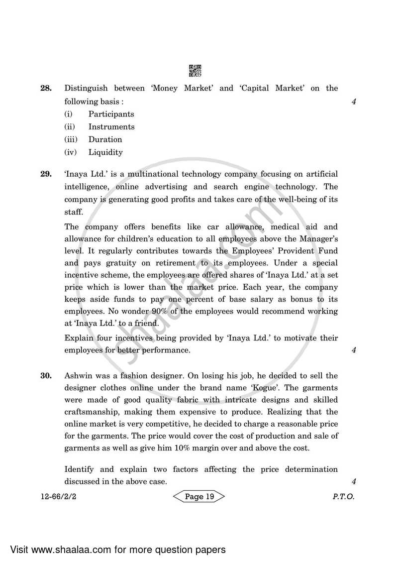 Business Studies 2023-2024 - CBSE 12th - Class 12 - CBSE (Central Board of Secondary Education) question paper with PDF download