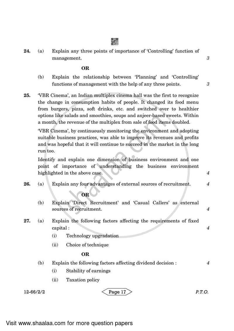 Business Studies 2023-2024 - CBSE 12th - Class 12 - CBSE (Central Board of Secondary Education) question paper with PDF download