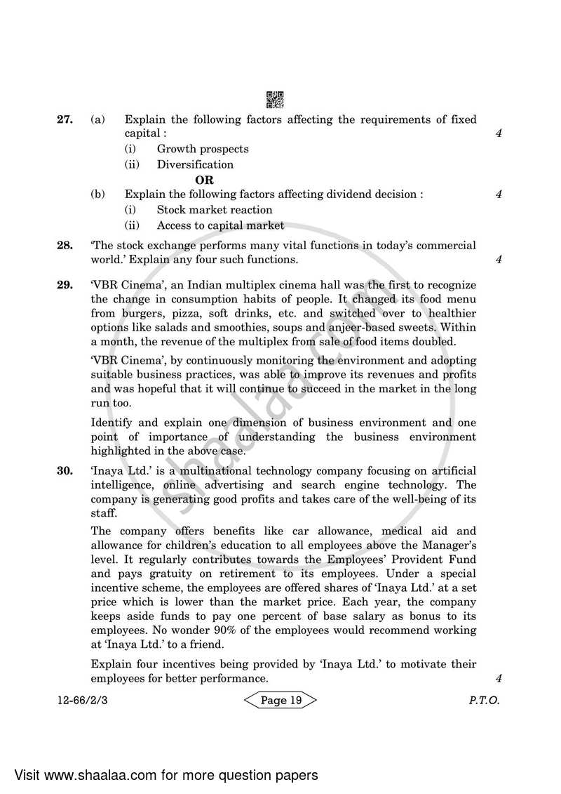 Business Studies 2023-2024 - CBSE 12th - Class 12 - CBSE (Central Board of Secondary Education) question paper with PDF download