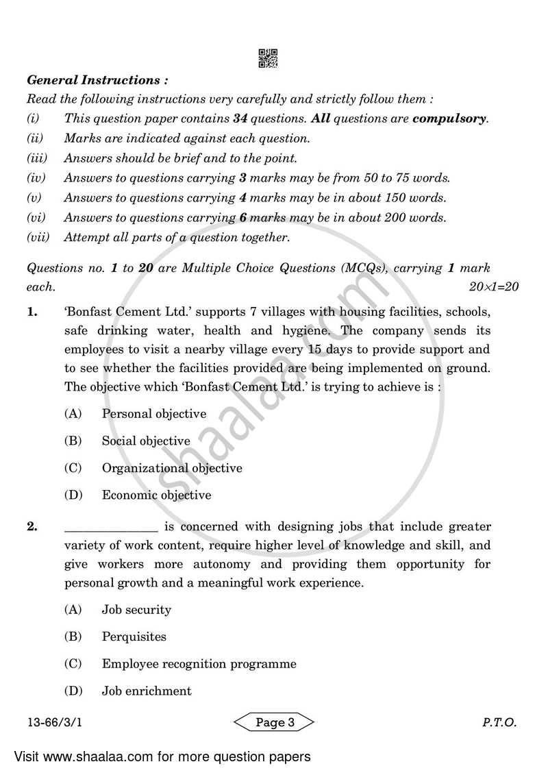 Business Studies 2023-2024 - CBSE 12th - Class 12 - CBSE (Central Board of Secondary Education) question paper with PDF download