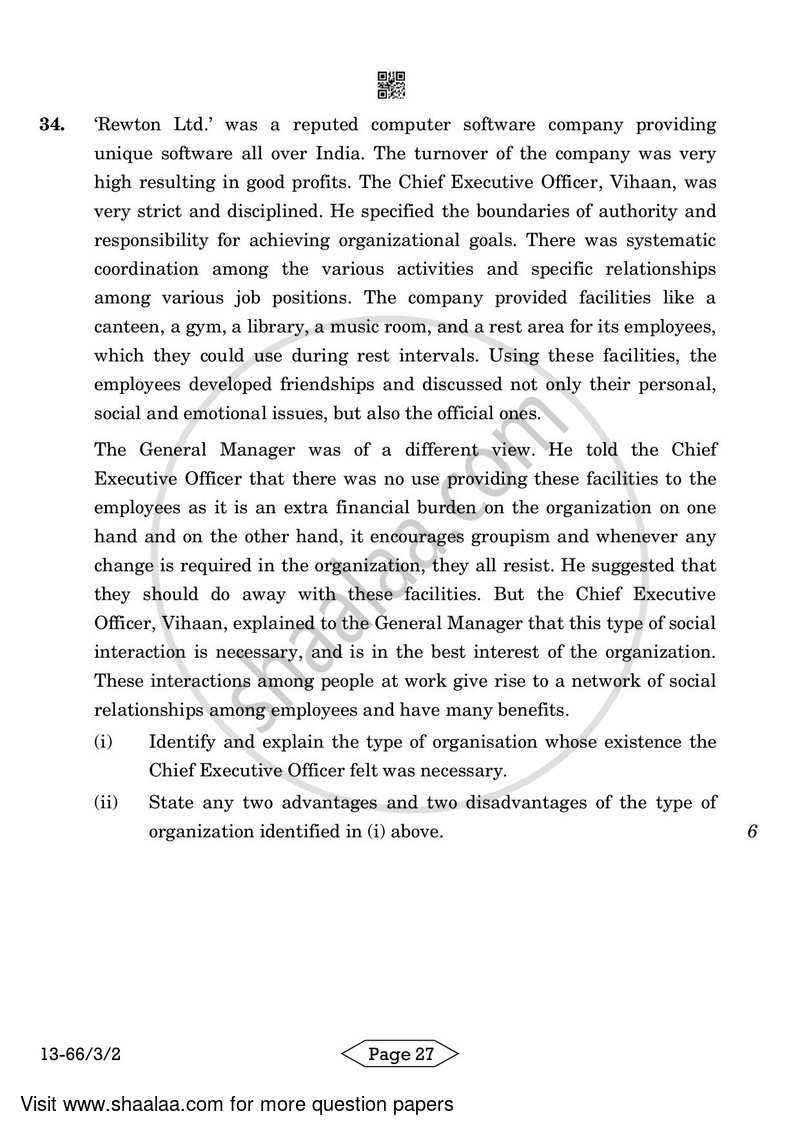 Business Studies 2023-2024 - CBSE 12th - Class 12 - CBSE (Central Board of Secondary Education) question paper with PDF download