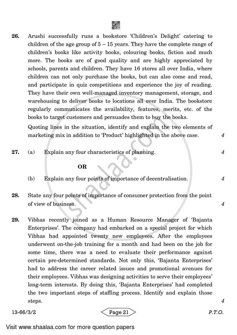 Business Studies 2023-2024 - CBSE 12th - Class 12 - CBSE (Central Board of Secondary Education) question paper with PDF download