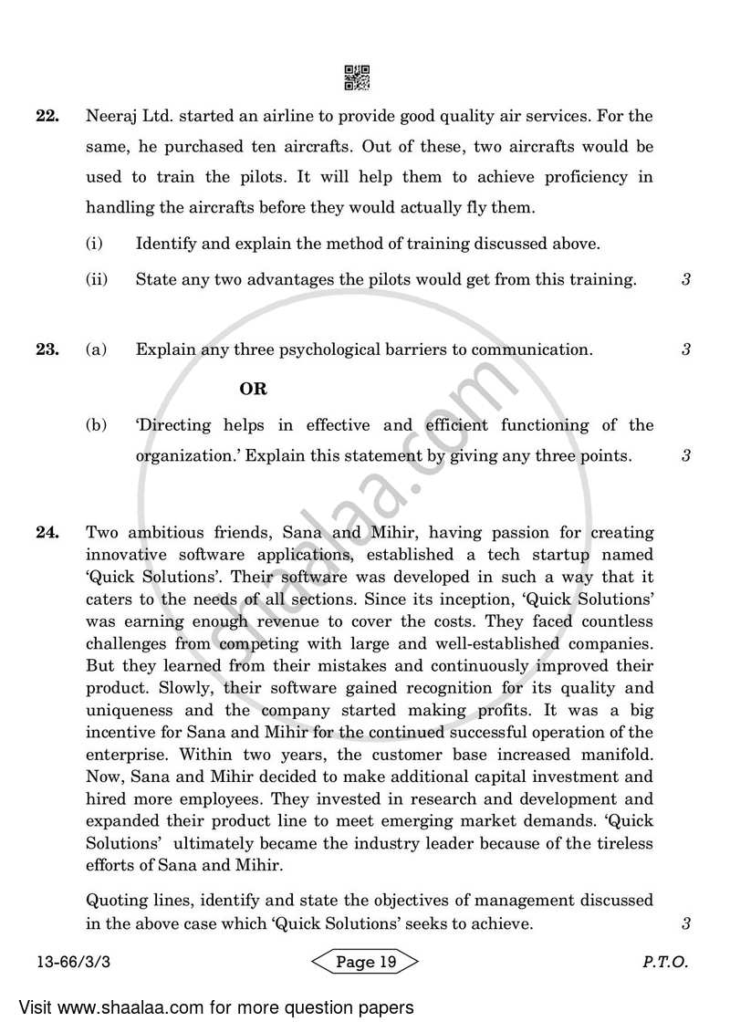 Business Studies 2023-2024 - CBSE 12th - Class 12 - CBSE (Central Board of Secondary Education) question paper with PDF download