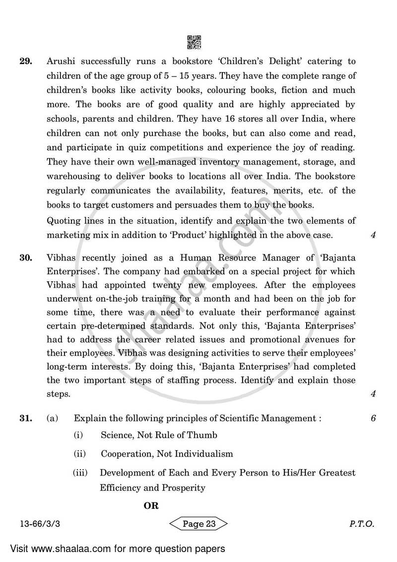 Business Studies 2023-2024 - CBSE 12th - Class 12 - CBSE (Central Board of Secondary Education) question paper with PDF download