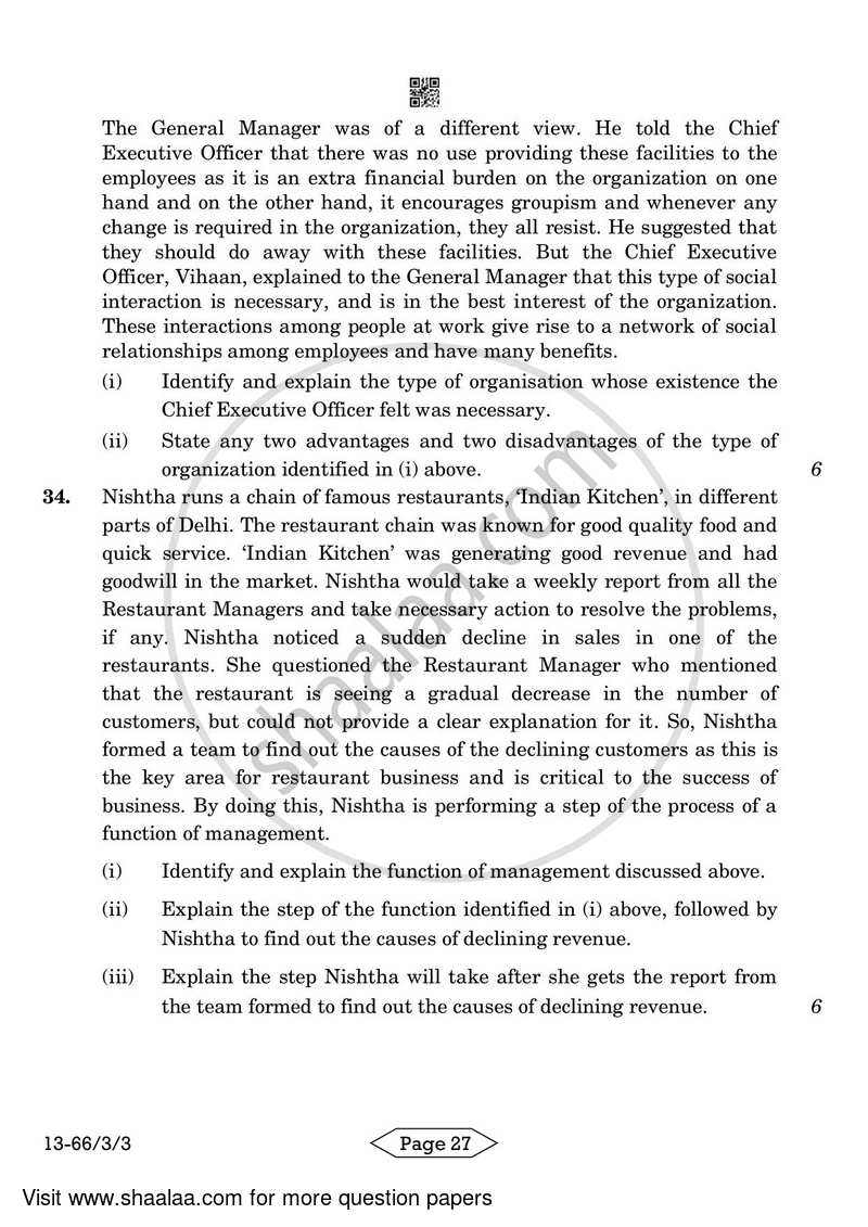 Business Studies 2023-2024 - CBSE 12th - Class 12 - CBSE (Central Board of Secondary Education) question paper with PDF download