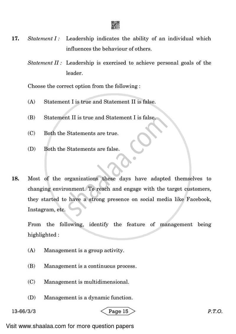 Business Studies 2023-2024 - CBSE 12th - Class 12 - CBSE (Central Board of Secondary Education) question paper with PDF download