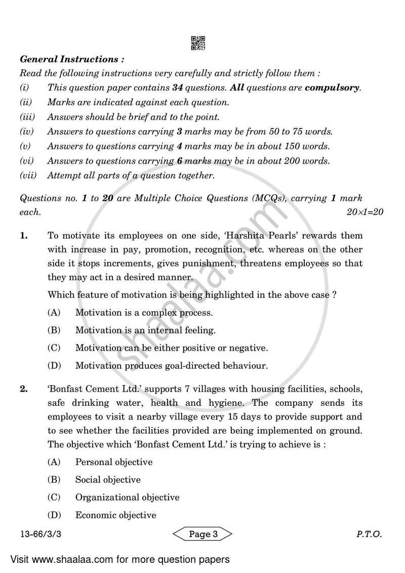 Business Studies 2023-2024 - CBSE 12th - Class 12 - CBSE (Central Board of Secondary Education) question paper with PDF download