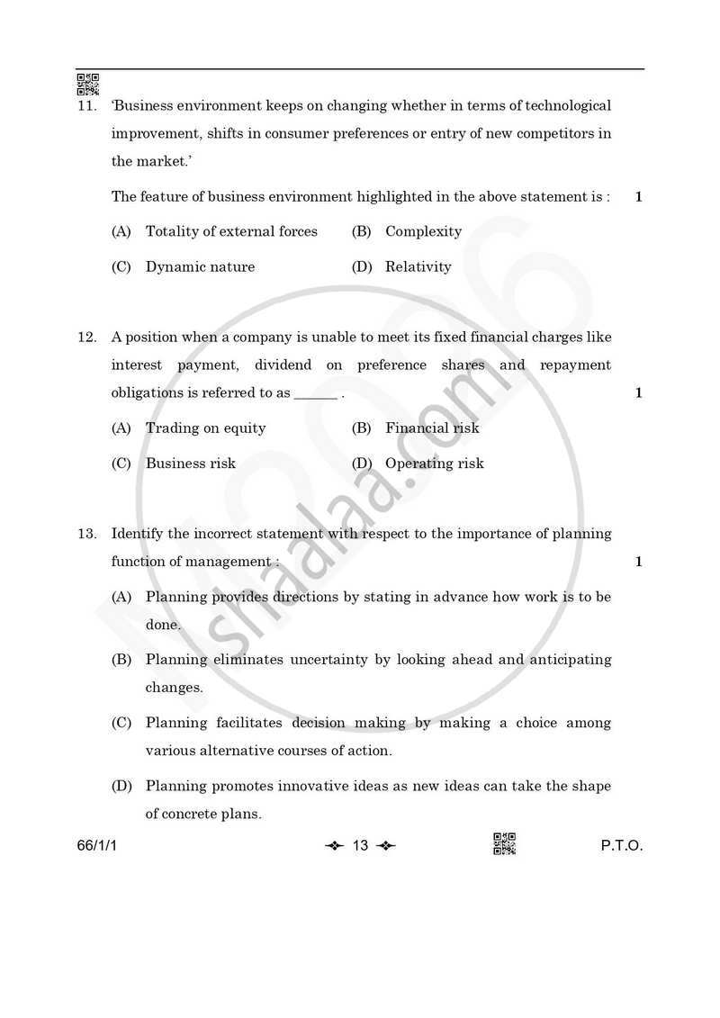 Business Studies 2025-2026 - CBSE 12th - Class 12 - CBSE (Central Board of Secondary Education) question paper with PDF download