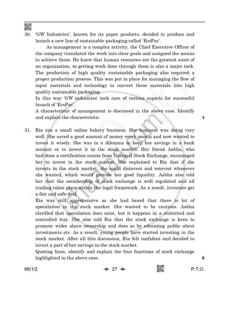 Business Studies 2025-2026 - CBSE 12th - Class 12 - CBSE (Central Board of Secondary Education) question paper with PDF download