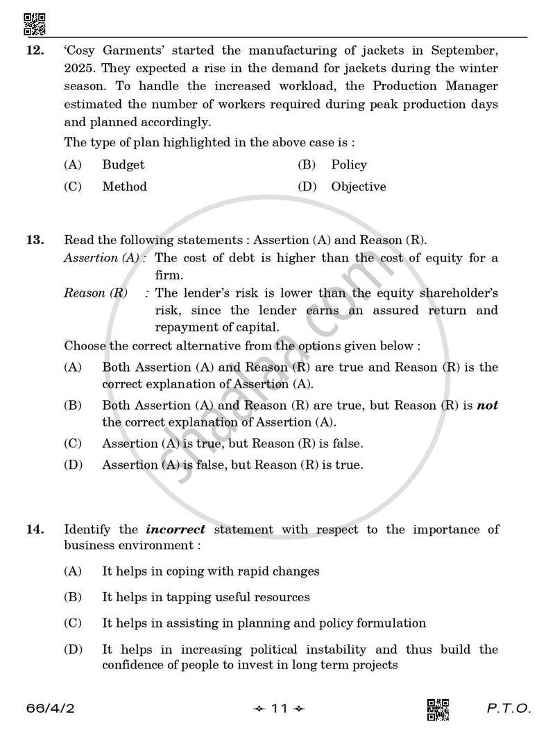 Business Studies 2025-2026 - CBSE 12th - Class 12 - CBSE (Central Board of Secondary Education) question paper with PDF download