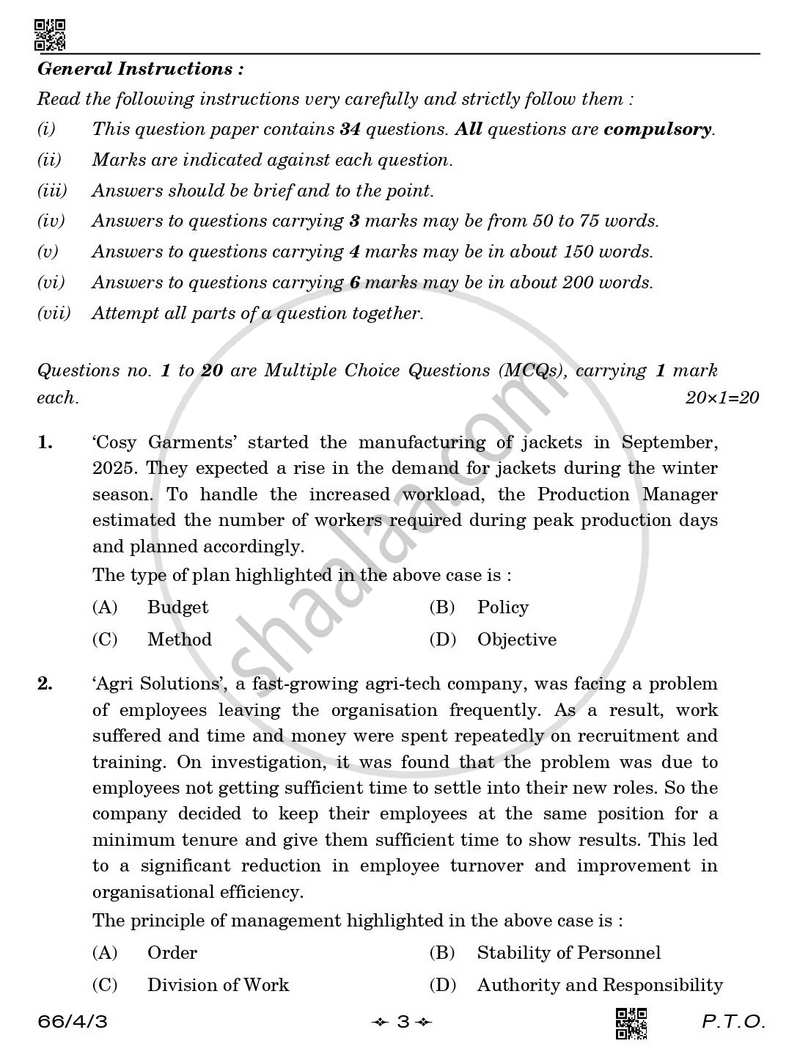 Business Studies 2025-2026 - CBSE 12th - Class 12 - CBSE (Central Board of Secondary Education) question paper with PDF download