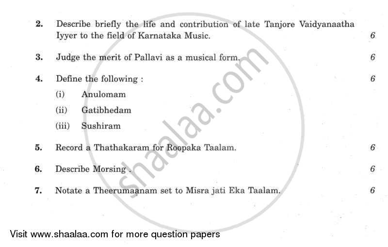 Carnatic Music (Percussion Instrumental) 2011-2012 - CBSE 12th - Class 12 - CBSE (Central Board of Secondary Education) question paper with PDF download