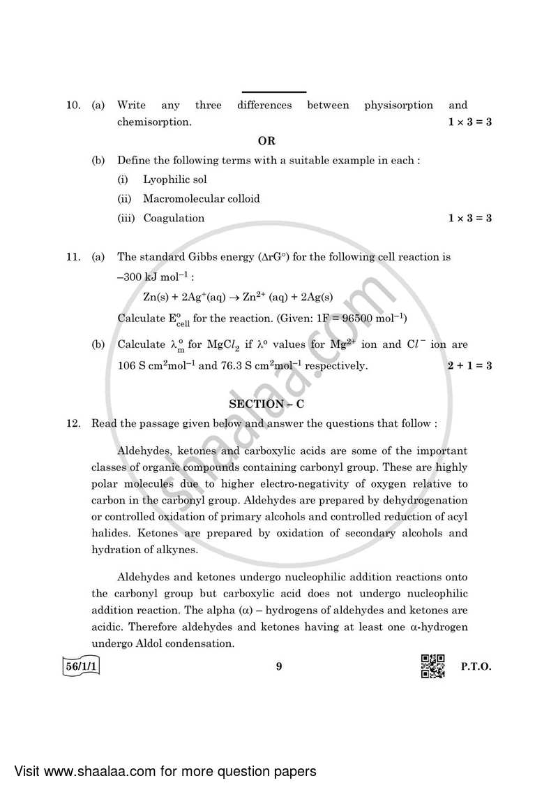 Chemistry 2021-2022 - CBSE 12th - Class 12 - CBSE (Central Board of Secondary Education) question paper with PDF download