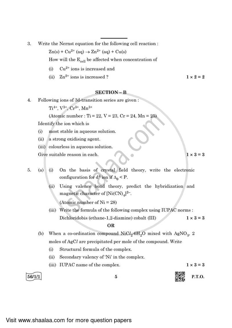 Chemistry 2021-2022 - CBSE 12th - Class 12 - CBSE (Central Board of Secondary Education) question paper with PDF download