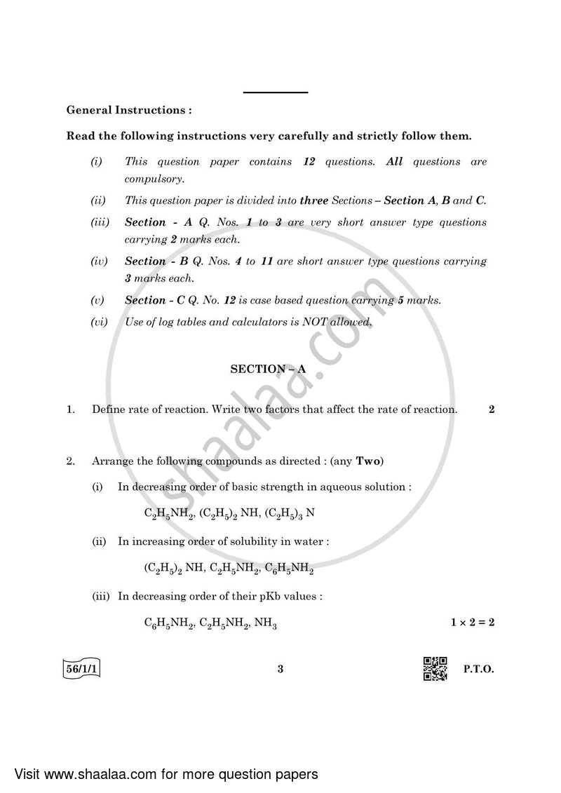 Chemistry 2021-2022 - CBSE 12th - Class 12 - CBSE (Central Board of Secondary Education) question paper with PDF download