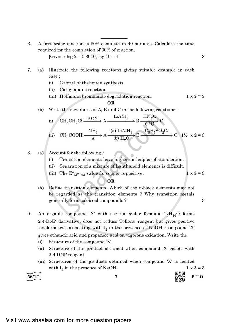Chemistry 2021-2022 - CBSE 12th - Class 12 - CBSE (Central Board of Secondary Education) question paper with PDF download